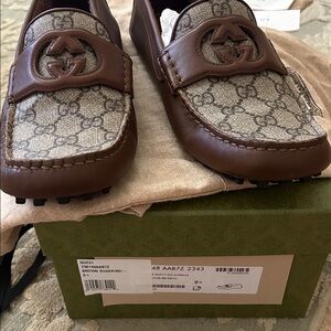 Gucci Brown and Gray Monogram Loafers